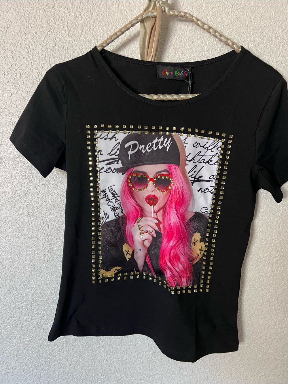 Cape Robbin Black Tee with Pink Graphic Portrait and Stud Accents NWT size Me